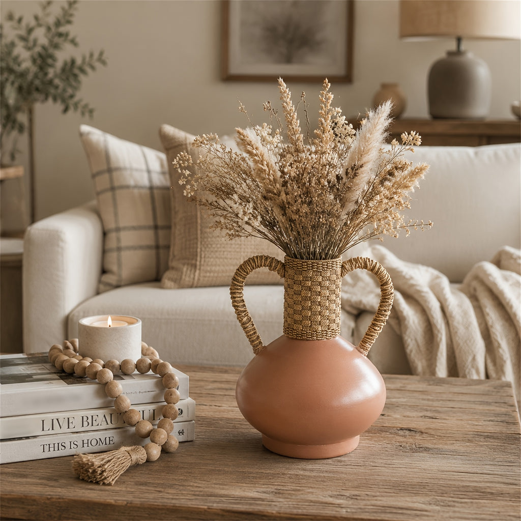 Terracotta Vase with Woven Handles, Rustic Decorative Flower Vase, Boho Farmhouse Home Decor for Living Room Shelf Tabletop Centerpiece