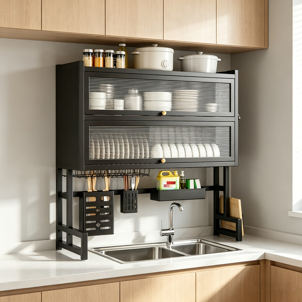 3-Tier Black Metal Kitchen Organizer with Dish Rack, Cutting Board Holder & Utensil Hooks - Over Sink/Countertop Space-Saving Storage for Plates, Bowls - Includes Lid, Spice Containers & Cup Holders - Durable Design for Organized Home Chef Kitchens