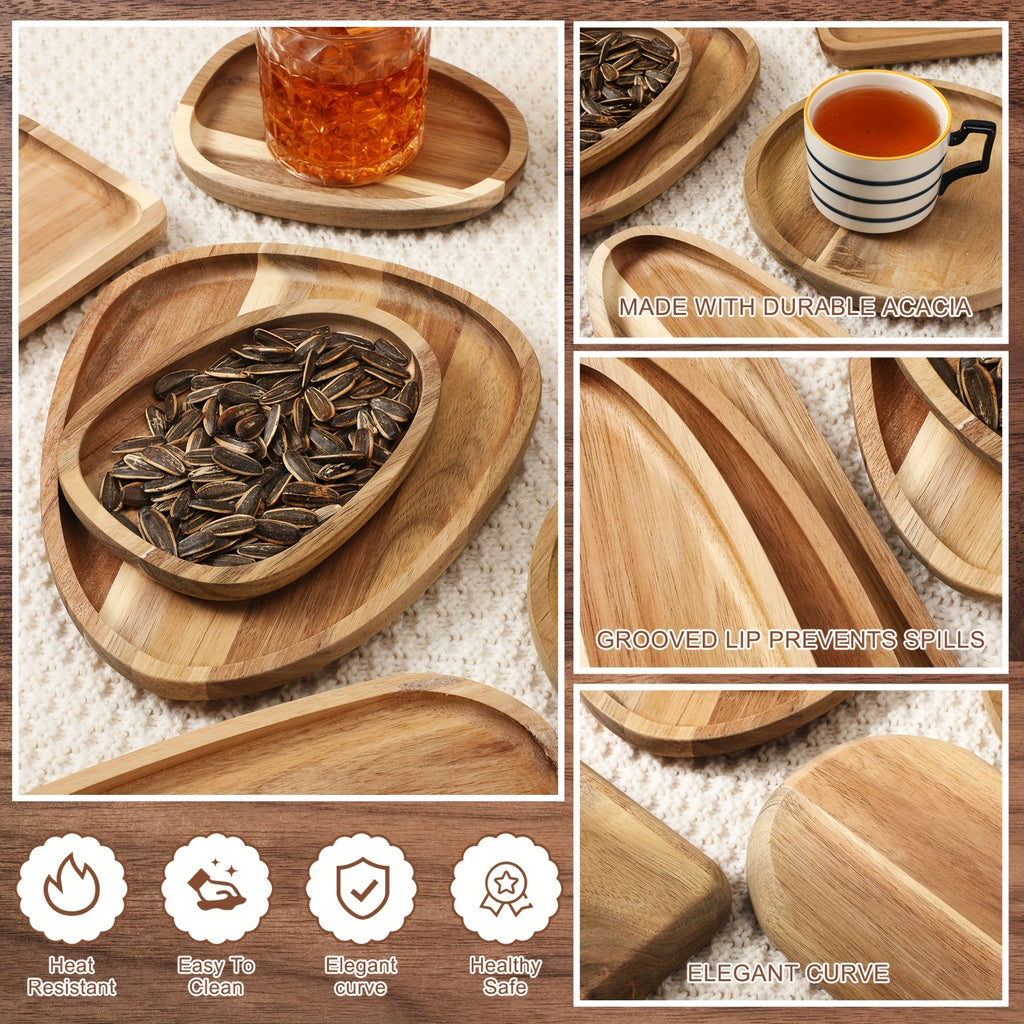 10pcs Acacia Wooden Plates Different Shapes Wooden Serving Platter Wooden Dishes for Snacks, Desserts, Fruit, Salads Decorative Wooden Charger Plates Trays Serving Board Housewarming Gift