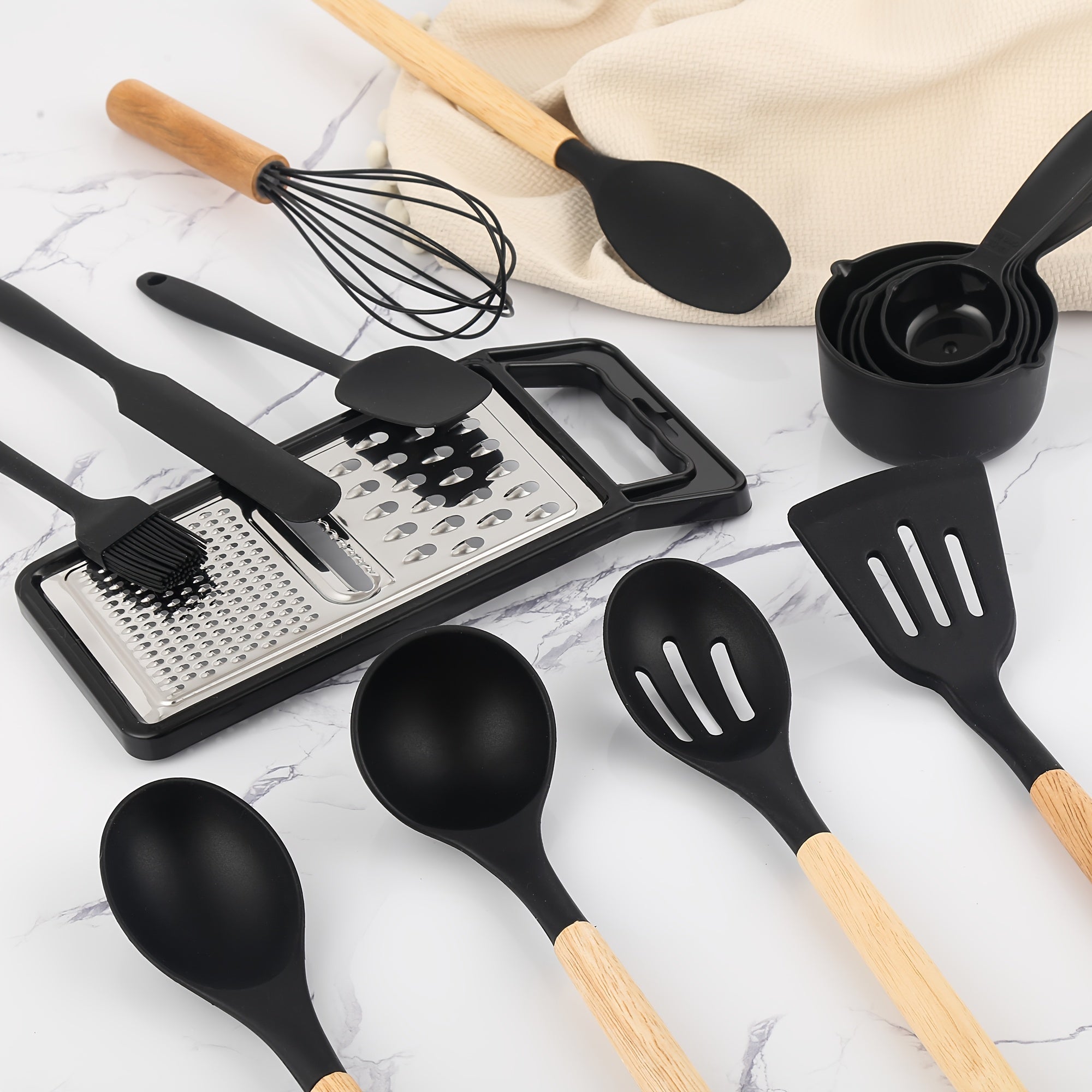 Kitchen Essential – 44pcs Silicone Kitchen Utensil Set with Holder, Nonstick Cooking Utensils, Wooden Handle Kitchen Tools, Spatula Turner Spoon Tongs Whisk Measuring Cups, Kitchen Accessori