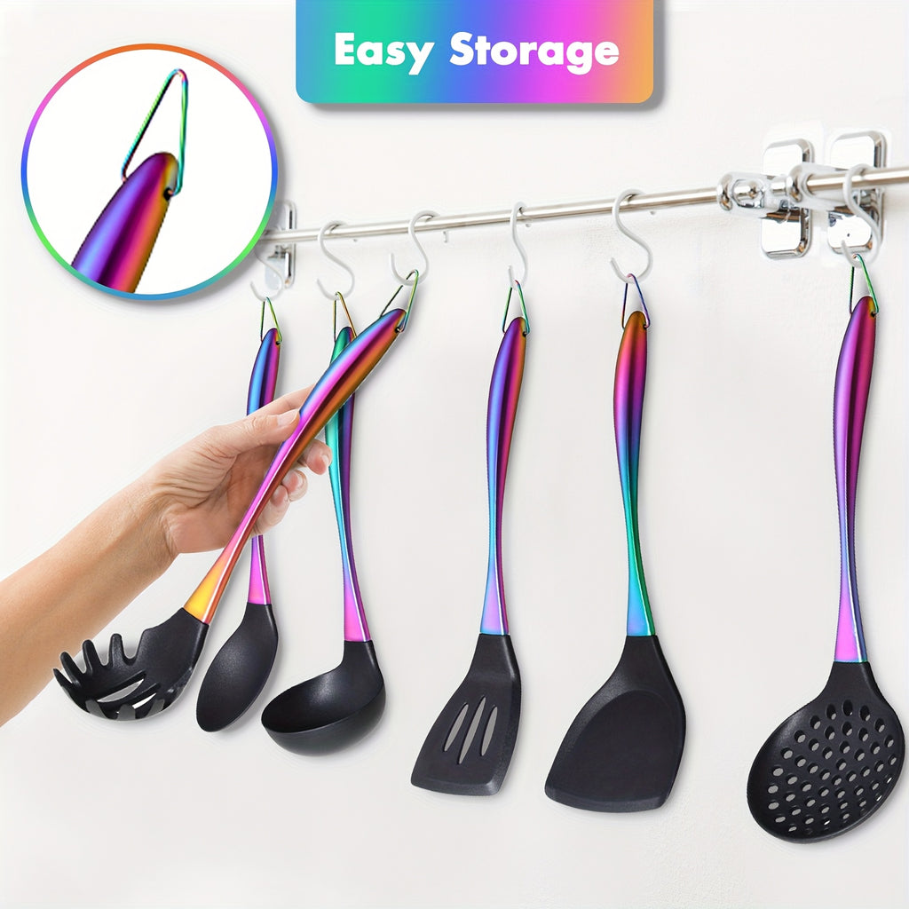 9pcs Silicone Cooking Utensils, Rainbow Kitchen Utensils Set, Titanium Cooking Utensils Set with Stainless Steel Handle, Silicone Spatula, Heat Resistant Silicone Utensils for Cooking, Non-Stick Spatula Set, Ladle with Stainless Steel Handle