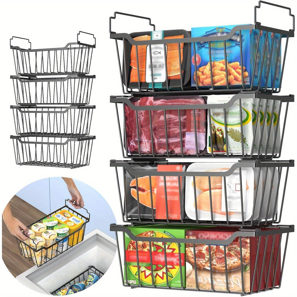 Stackable Freezer Organizer Bins with Foldable Handle - Efficient Refrigerator Storage Rack for Improved Space Utilization & Easy Access - Durable Design for Chest Freezer, Not Just for Freezers