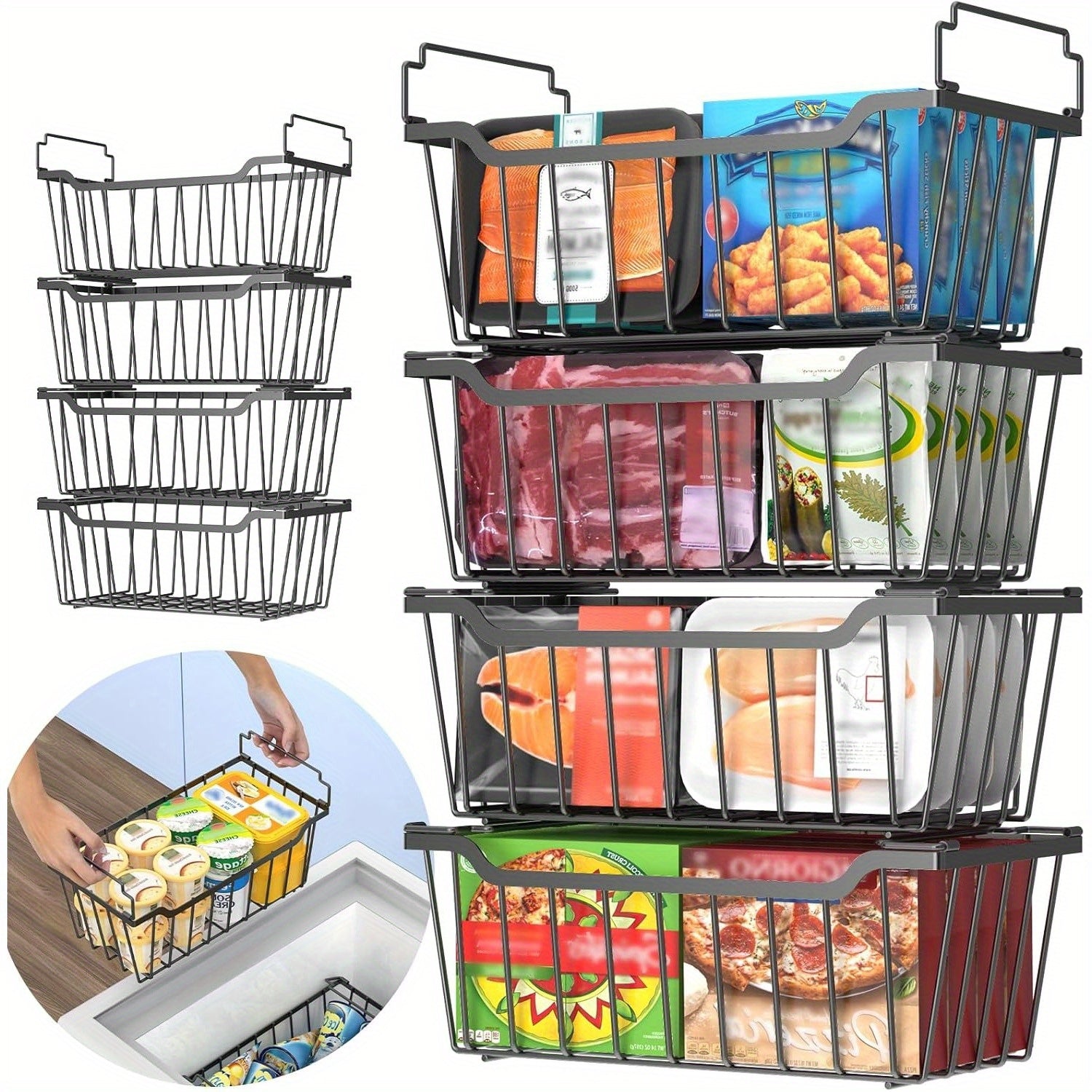 Stackable Freezer Organizer Bins with Foldable Handle - Efficient Refrigerator Storage Rack for Improved Space Utilization & Easy Access - Durable Design for Chest Freezer, Not Just for Freezers