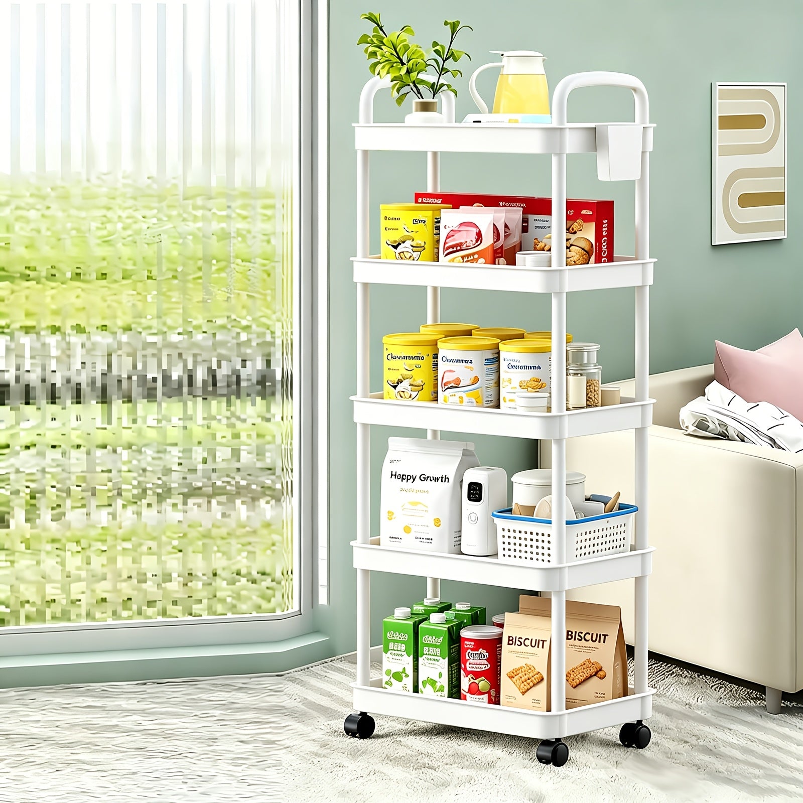 Modern Adjustable Home Storage Rack – durable multi-purpose storage, 3 4 5-Tier Plastic Rolling Utility Cart with Handle Multi-Functional Storage Trolley for Office, designed for American homes, daily convenience and practical gifting