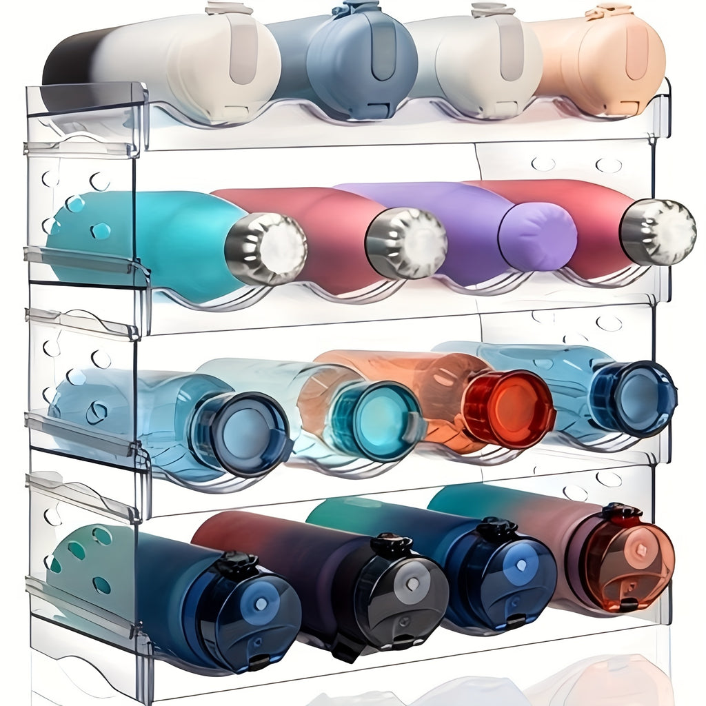 4-Tier Stackable Water Bottle Organizer - Clear Plastic Kitchen Cabinet Storage Rack Holds 16 Bottles, Space-Saving Design for Home, Office, Pantry Organization, Kitchen Organizer, Office Supply Storage, Sleek Appearance, Transparent Material