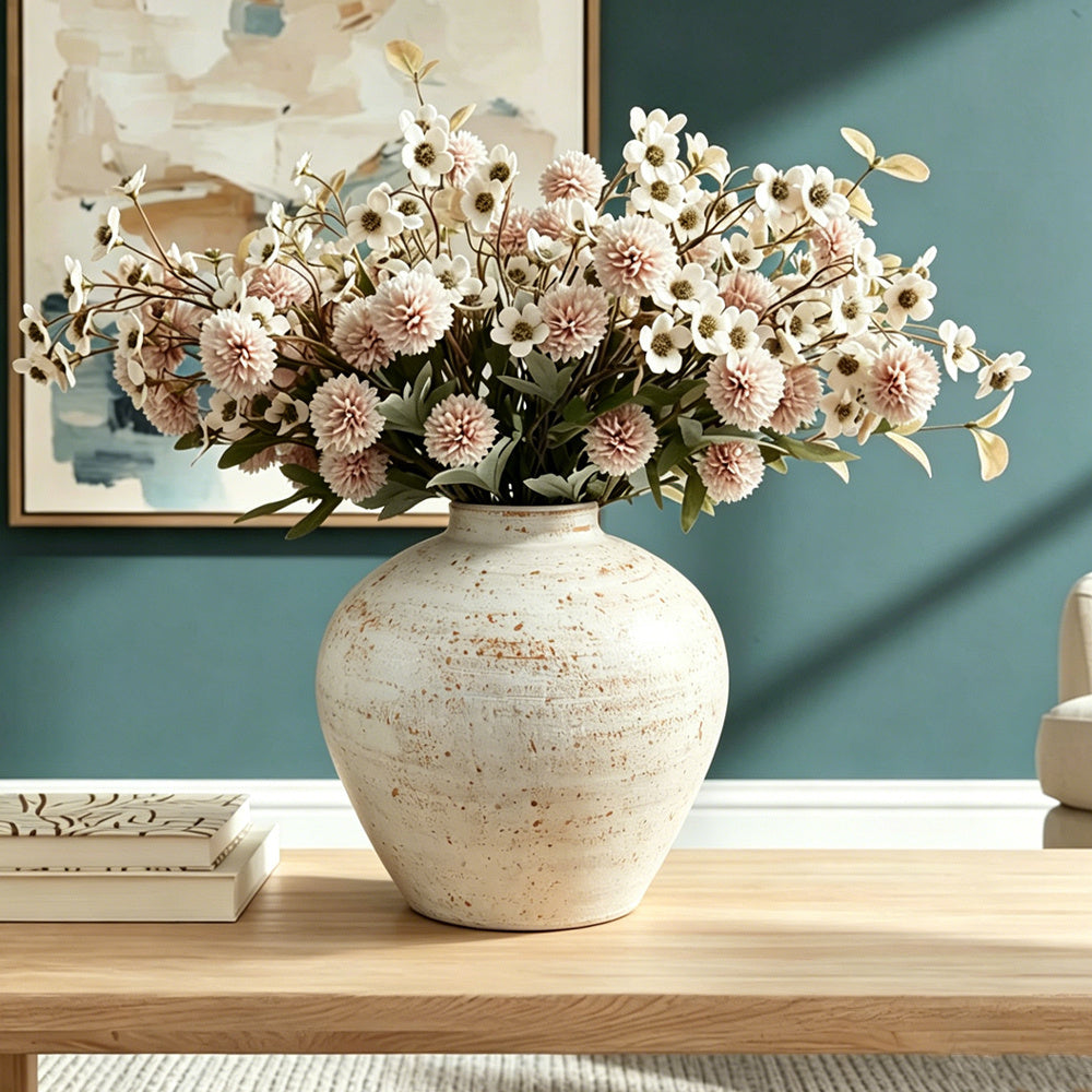 Small White Rustic Round Vase for Table Centerpieces 6 inches, Earthy Stone Look, Textured, Modern Homes Farmhouse Centerpiece Decor