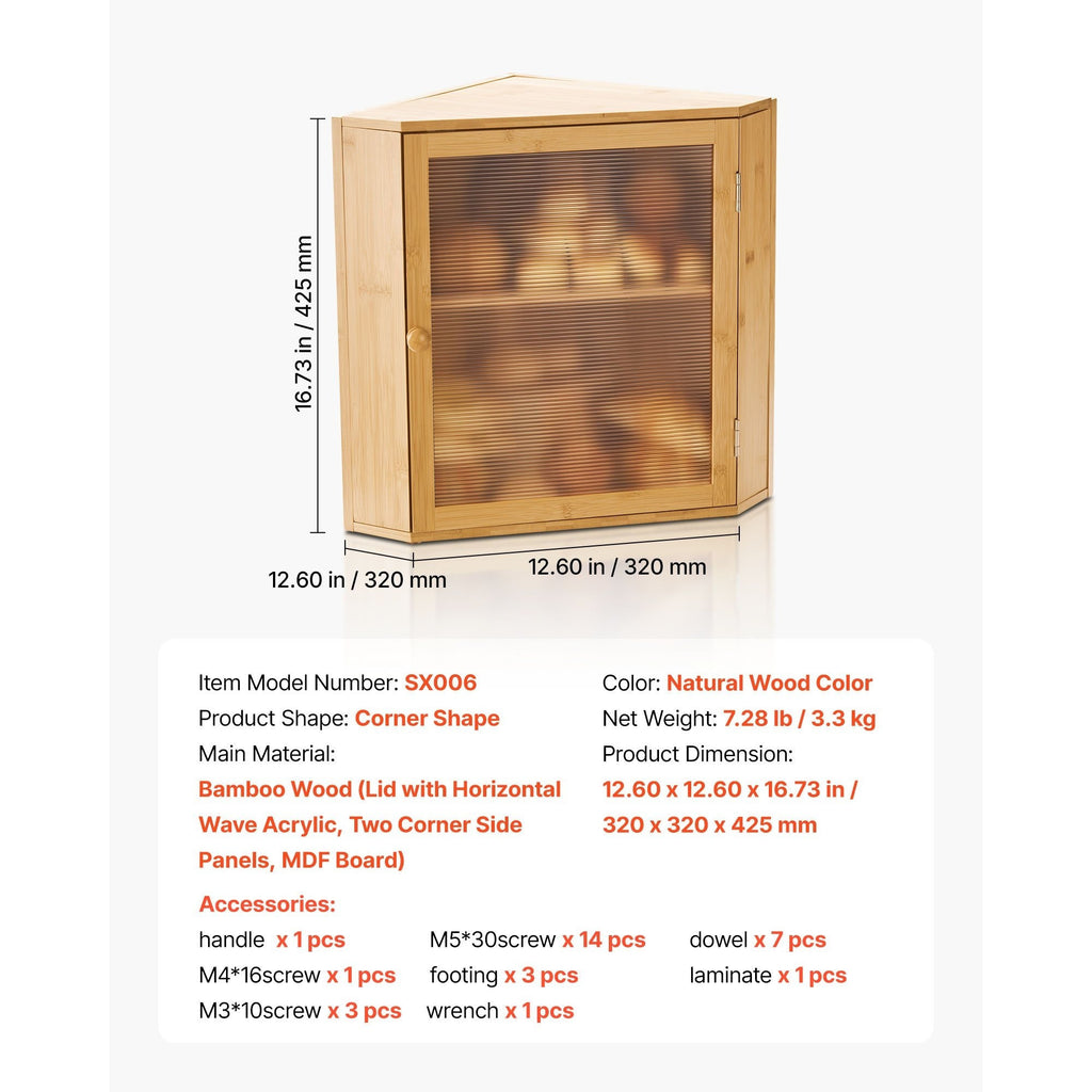 VEVOR Corner Bread Box for Kitchen Counter Double Layer Bamboo Storage Container Black / Natural