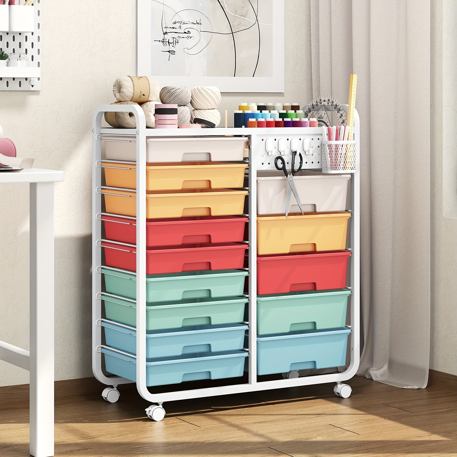 Space-Saving Pull-Out Cabinet Organizer – smooth-access cabinet organization, TOOLF 14-Drawer Rolling Storage Cart with Tabletop Pegboard Mobile Utility Cabinet on Wheels -, designed for American homes, daily convenience and practical gifting