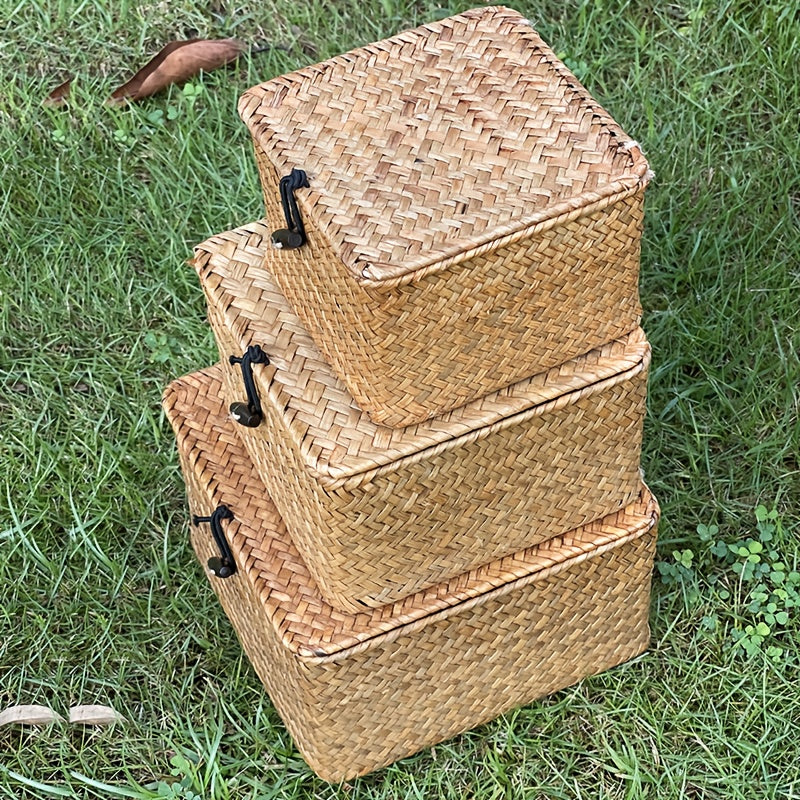 Easy-Access 3pcs Adjustable Home Storage Rack – durable multi-purpose storage, 3pcs Handwoven Rattan Storage Basket Set with Lattice Lid Label-Friendly - Natural Woven Wicker, designed for American homes, daily convenience and practical gifting