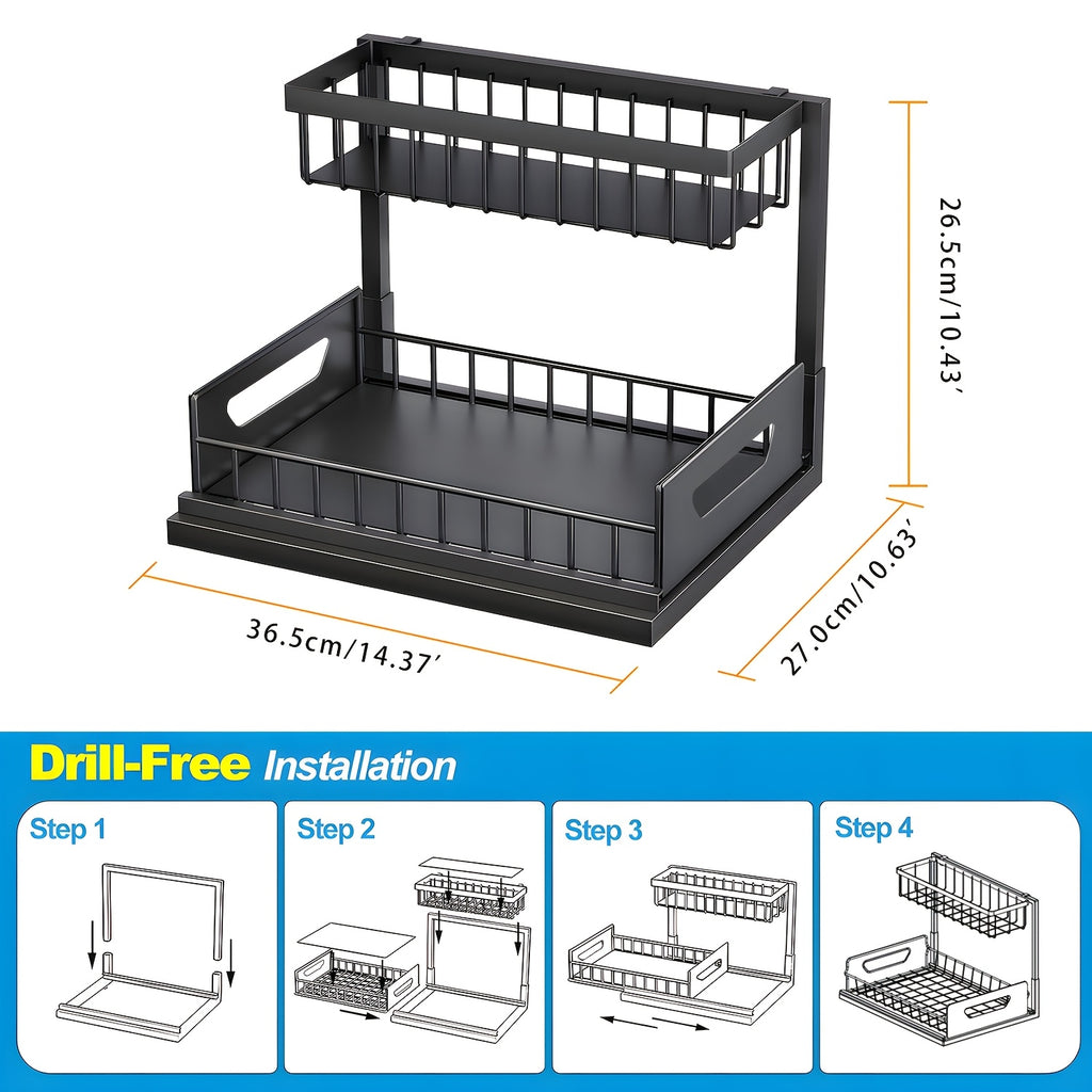 Kitchen Essential – 2Pack-2-Tier Slide-Out Under Sink Organizer | Heavy-Duty Carbon Steel Pull-Out Cabinet Shelf with Adjustable Compartments, Painted End, Ideal for Organizing Kitchen, Bath