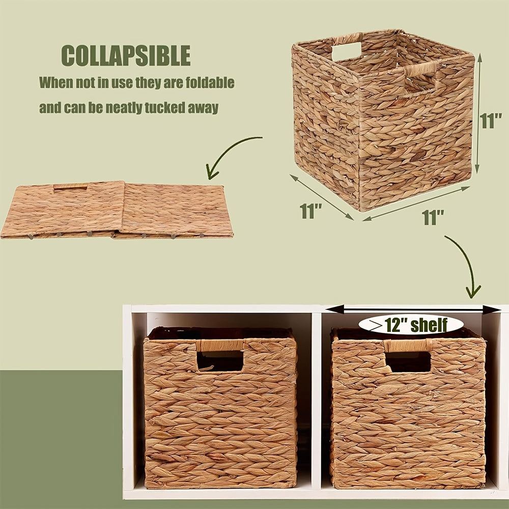 Storage Baskets, 11X11Inch Cube Baskets, Foldable Handwoven Water Hyacinth Laundry Organizer, Cube Storage Baskets