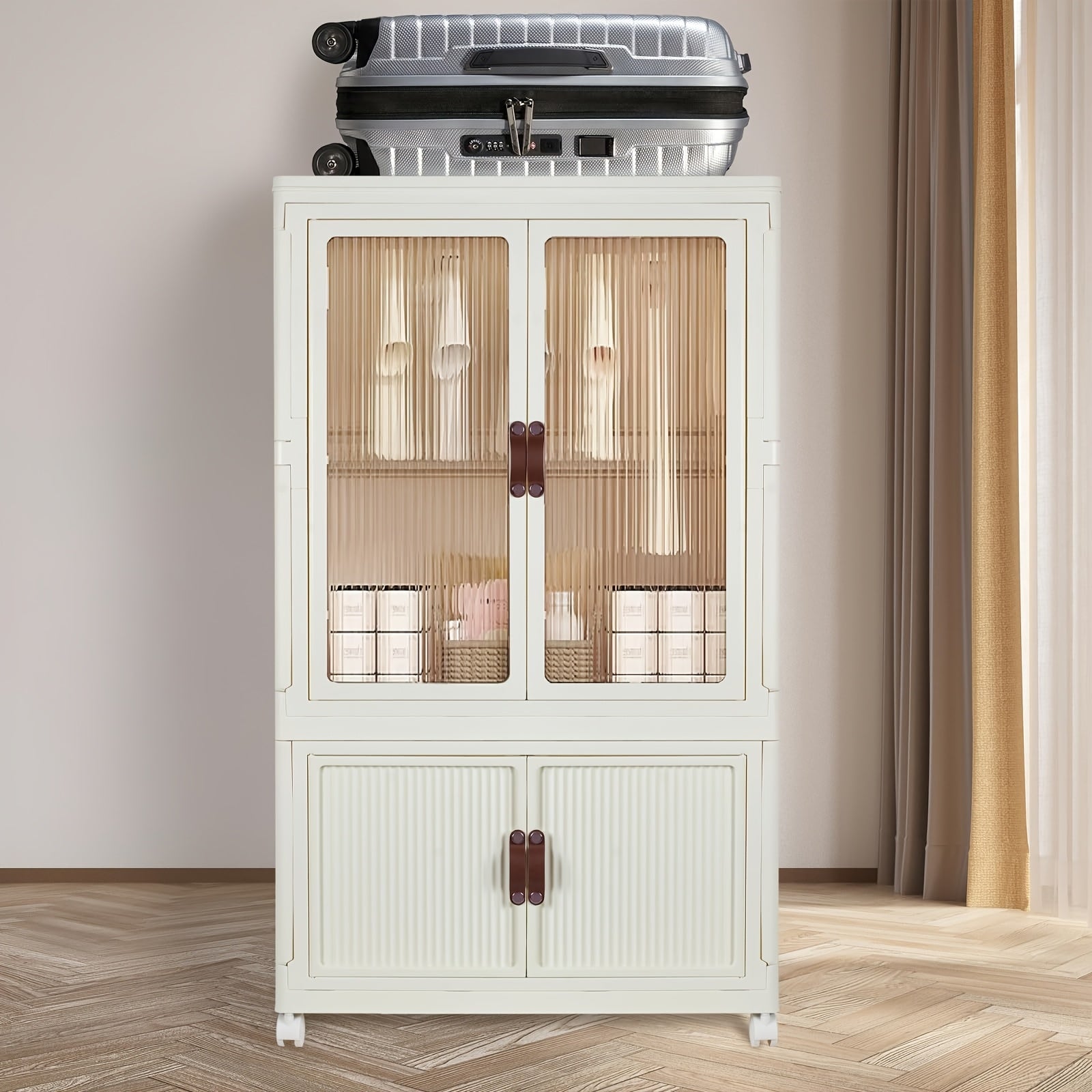 Portable Closet Wardrobe, Folding Storage Bins with Lid, Closet Organizers And Storage, Stackable Storage Box with Hanging Rod And Doors, Collapsible Plastic Clothes Cabinet with Wheels, 10 Hangers