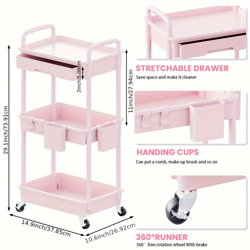 Kitchen Essential – 3 Tier Multifunctional Rolling Cart with Drawer, Durable Plastic Rolling Cart- with Drawers And Lockable Wheels, Includes Practical Accessories Like Cup Holders And Hooks