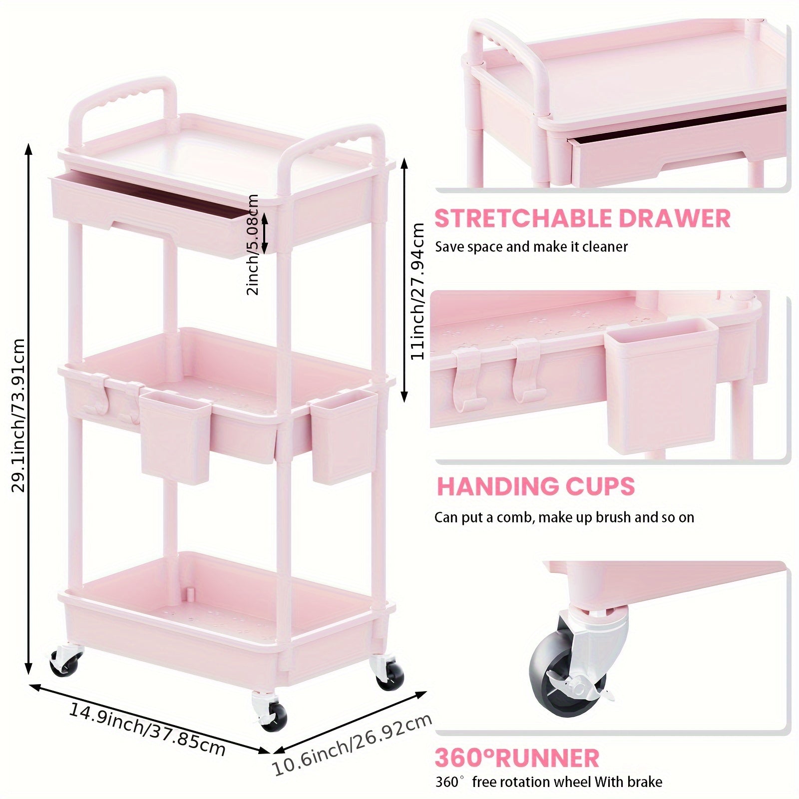 Kitchen Essential – 3 Tier Multifunctional Rolling Cart with Drawer, Durable Plastic Rolling Cart- with Drawers And Lockable Wheels, Includes Practical Accessories Like Cup Holders And Hooks