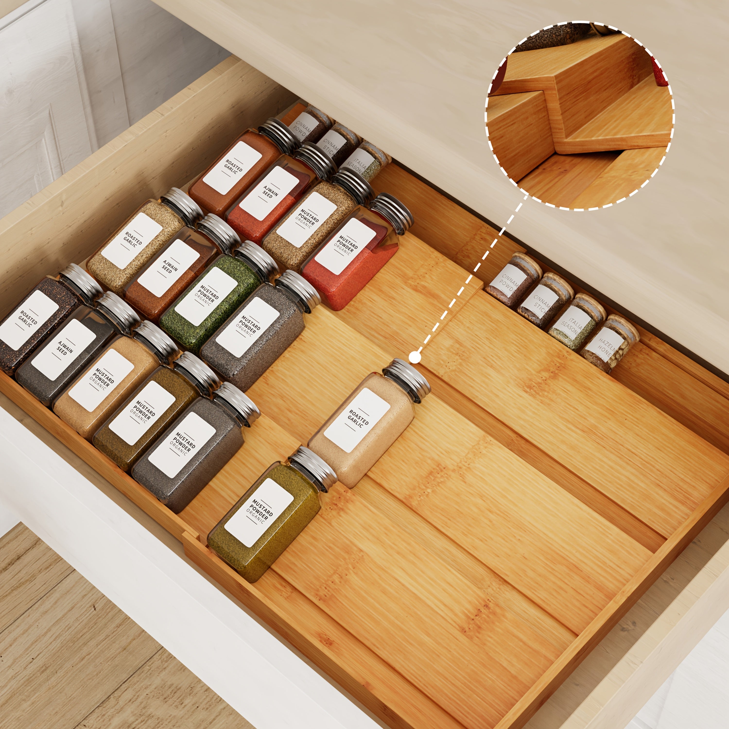 Compact Glass Spice Jar Set – clear reusable pantry storage, Expandable 4-Tier Bamboo Spice Drawer Organizer For Kitchen Cabinets Fits Drawers 3 Deep Adjustable, designed for American homes, daily convenience and practical gifting