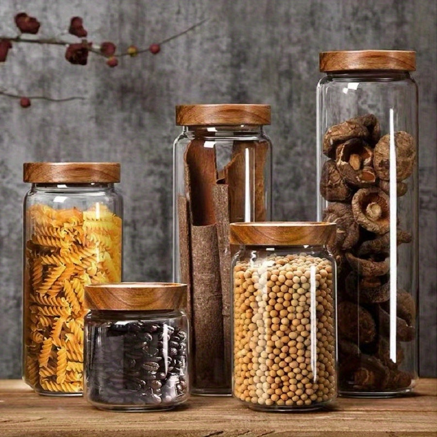 Compact 4pcs Stackable Home Storage Bins – portable space-saving storage, 4pcs Sealed Glass Storage Tank with Wooden Lid - Food Grade Transparent Kitchen Storage, designed for American homes, daily convenience and practical gifting