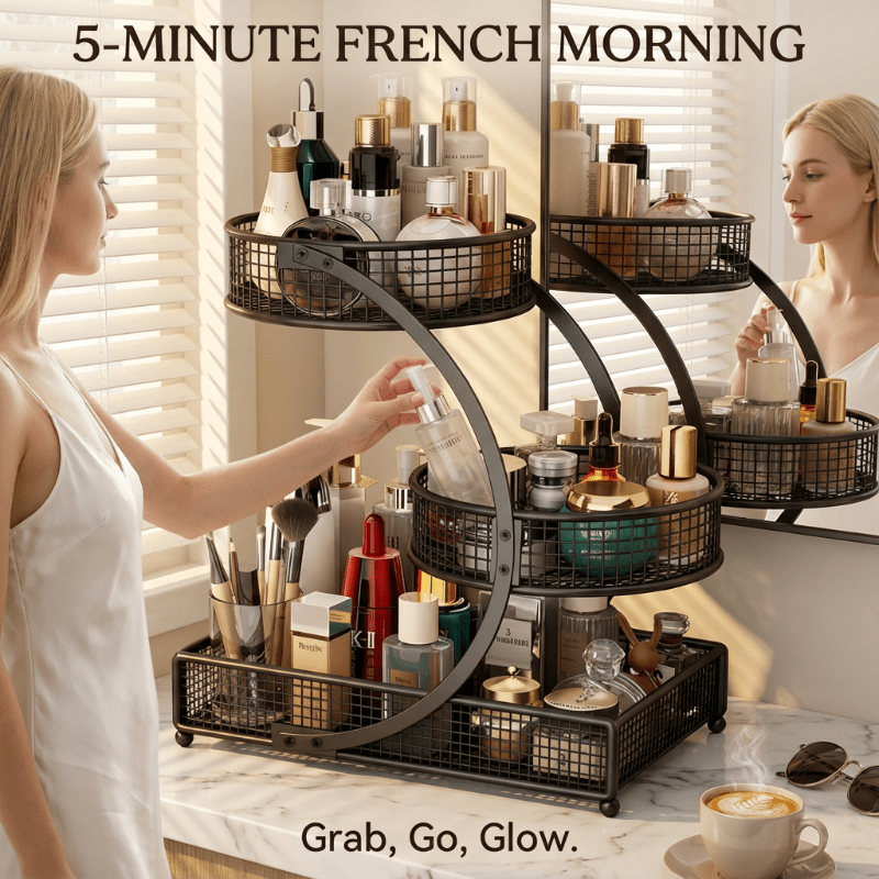 Three-Layer Painted Metal Cosmetic Storage Rack with Tissue Box, Lightweight And Sturdy, Independent Bathroom Countertop Storage Rack, Space-Saving Dressing Table Storage Rack, Suitable for Storing Skincare Products