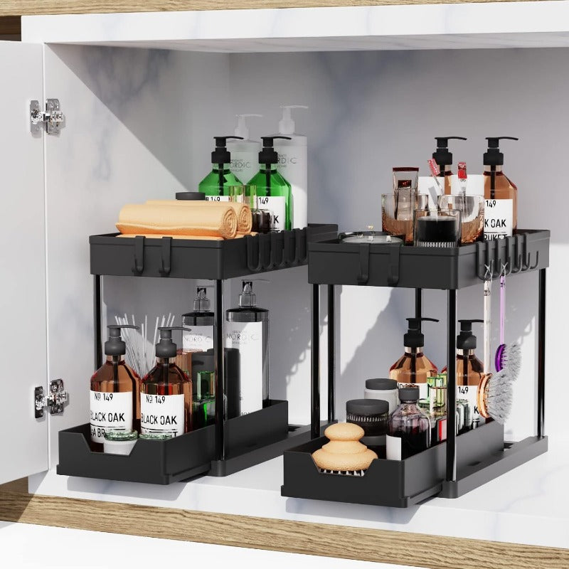 Space-Saving 2 Pack Stackable Home Storage Bins – portable space-saving storage, 2 Pack Under Sink Organizers and Storage 2-Tier Sliding Cabinet Basket Organizer with Hooks, designed for American homes, daily convenience and practical gifting