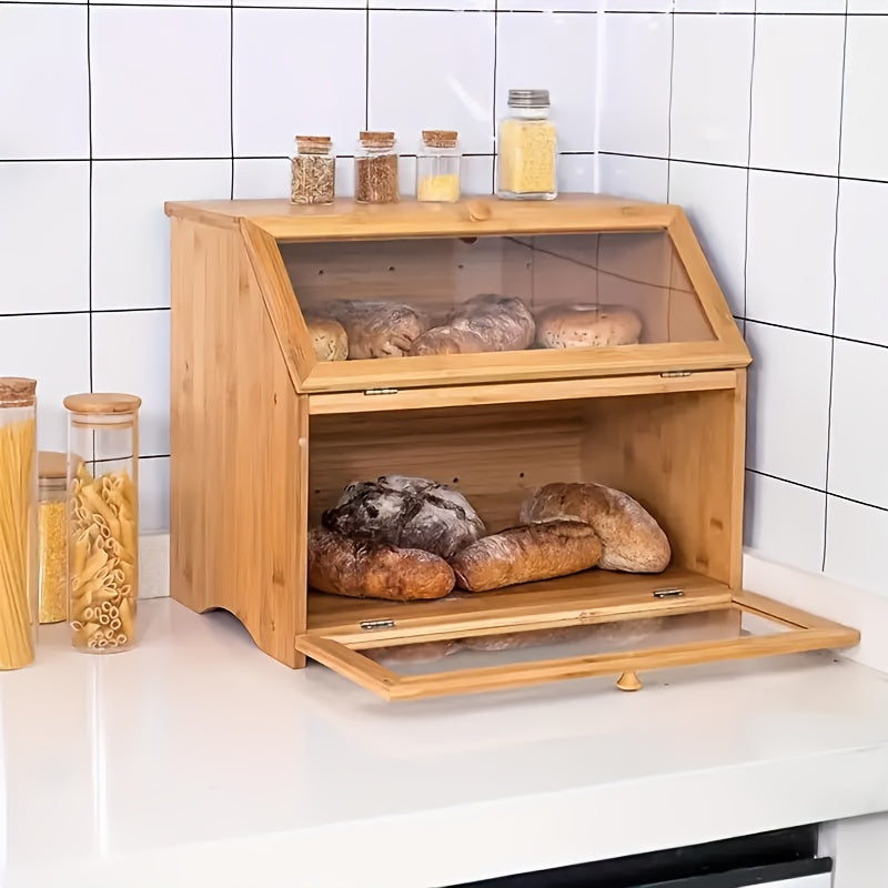 1pc Double Layer Large Bread Box for Kitchen Counter, Wooden Large Capacity Bread Storage Bin