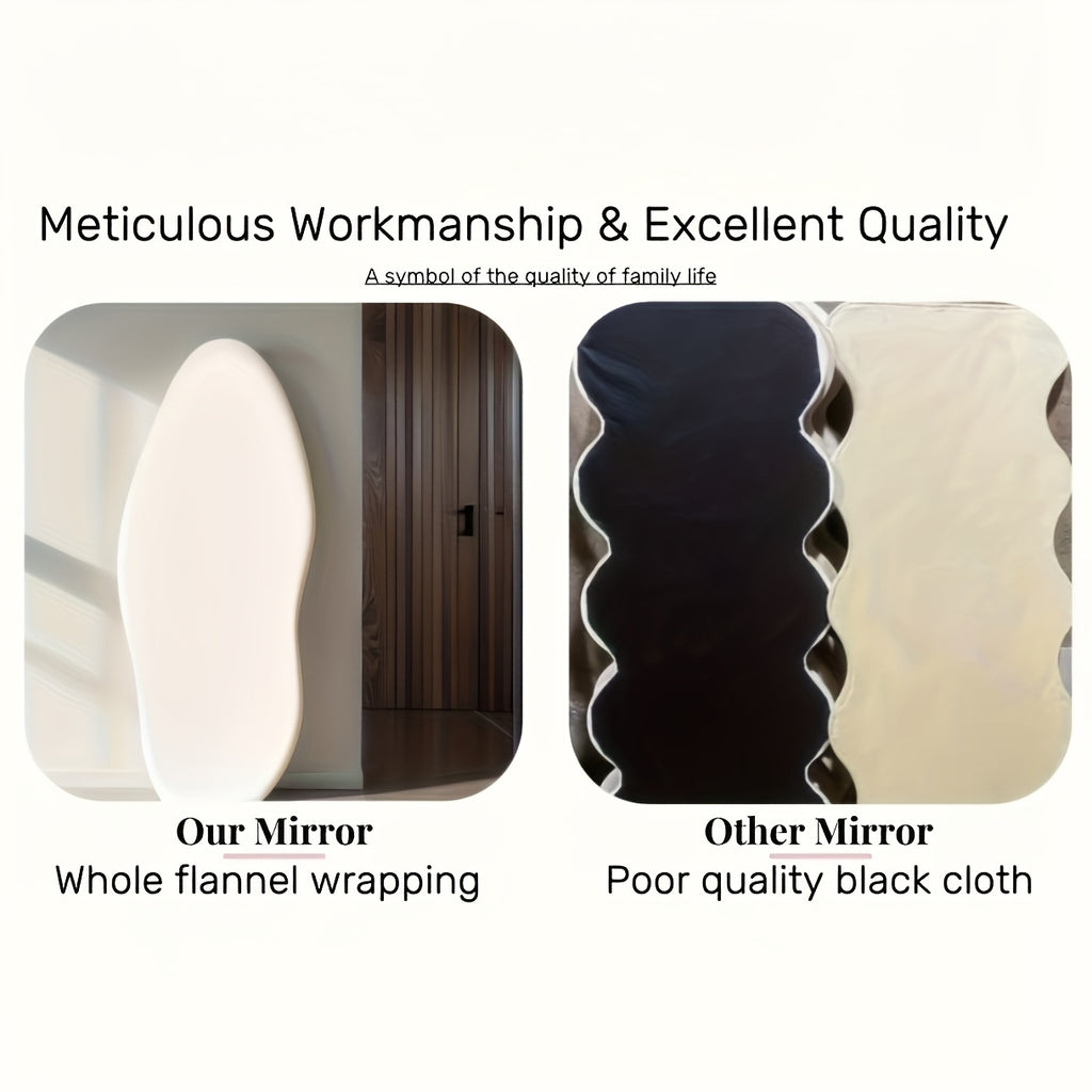 Full Length Mirror – Irregular Velvet Frame Full Length Mirror Safe Rounded Corner for Kids Room (Milk Tea, White, Black, Green, Pink, Blue) for Modern US Homes, clear stylish reflection, Ve