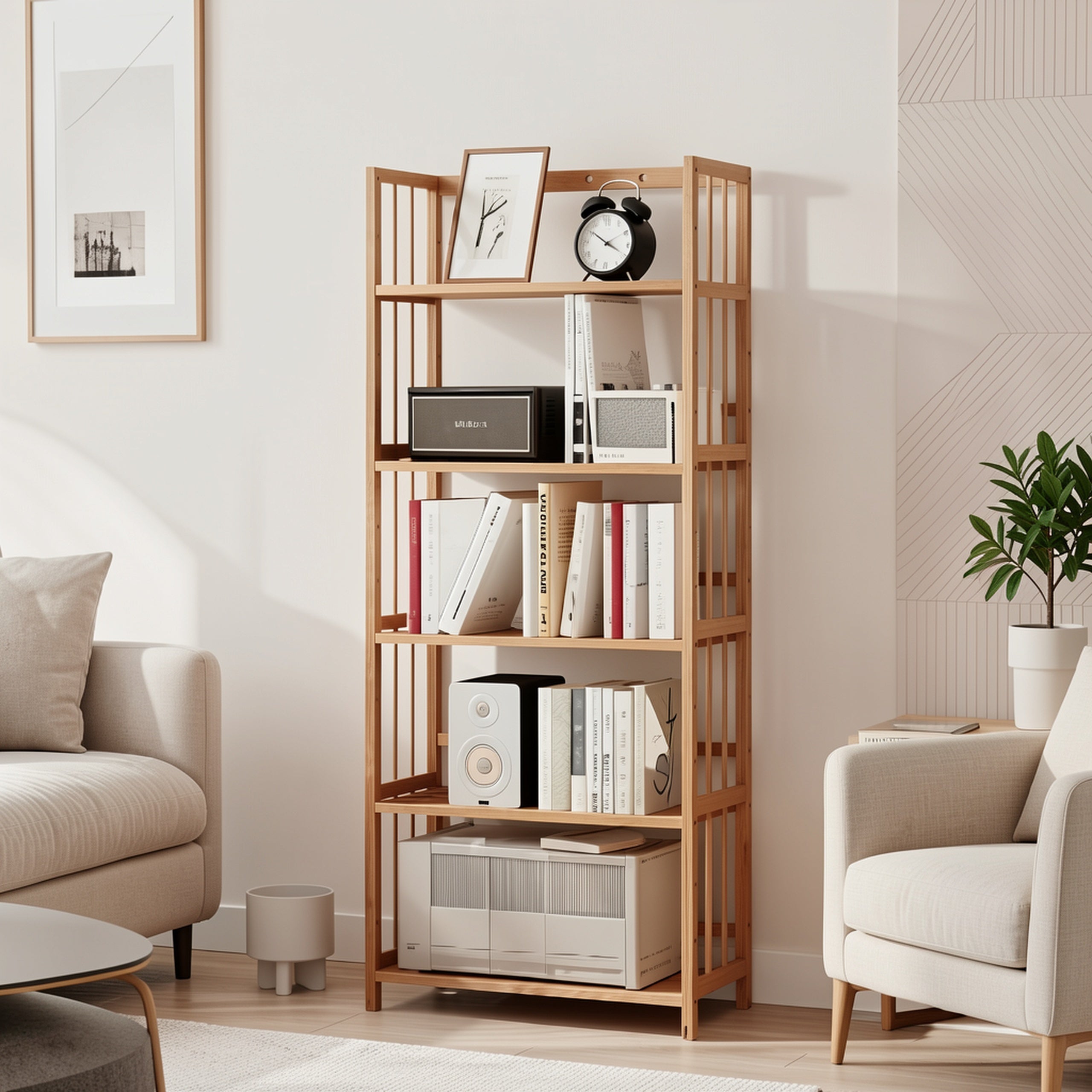 Home Storage Organizer – 5-Tier Multifunctional Bamboo Shelf, Space-Saving Bookshelf And Display Rack for Home Office, Storage Display Shelf, Nordic Minimalist Style, Quick And Easy Assembly
