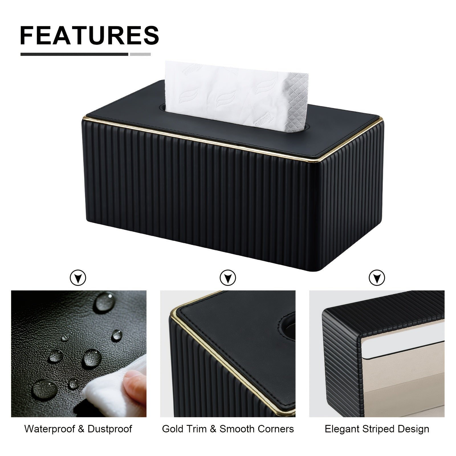 Smart Stackable Home Storage Bins – portable space-saving storage, Cream White Vertical Striped Faux Leather Tissue Box With Golden Trim Desktop Napkin Dispenser, designed for American homes, daily convenience and practical gifting