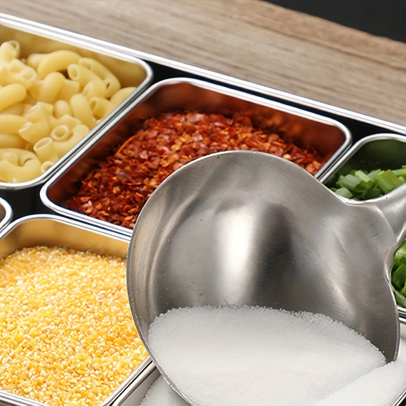 1pc Stainless Steel Compartment Seasoning Container with Lid And Spoon - Multi-Purpose Seasoning Storage Tray for Salt, Sugar, Oil, Nuts, Snacks, Spice Bottles - Kitchen Cooking Organizer for Food Service And Catering