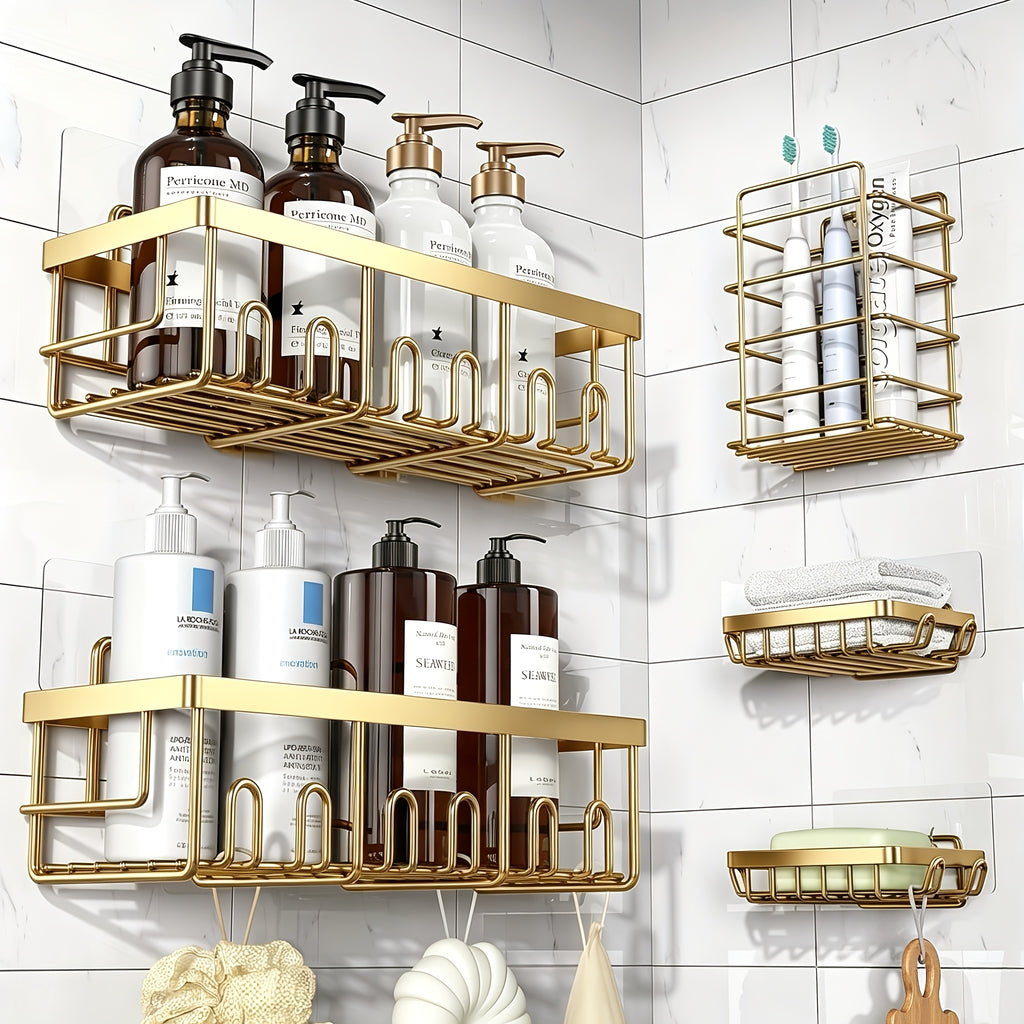 Bathroom Organizer – Shower Caddy Organizer, 5-Pack Adhesive Rustproof Stainless Steel Shower Shelves with Soap Holder, No Drilling Shower Storage Rack for Family Renters Bathroom, Random Co