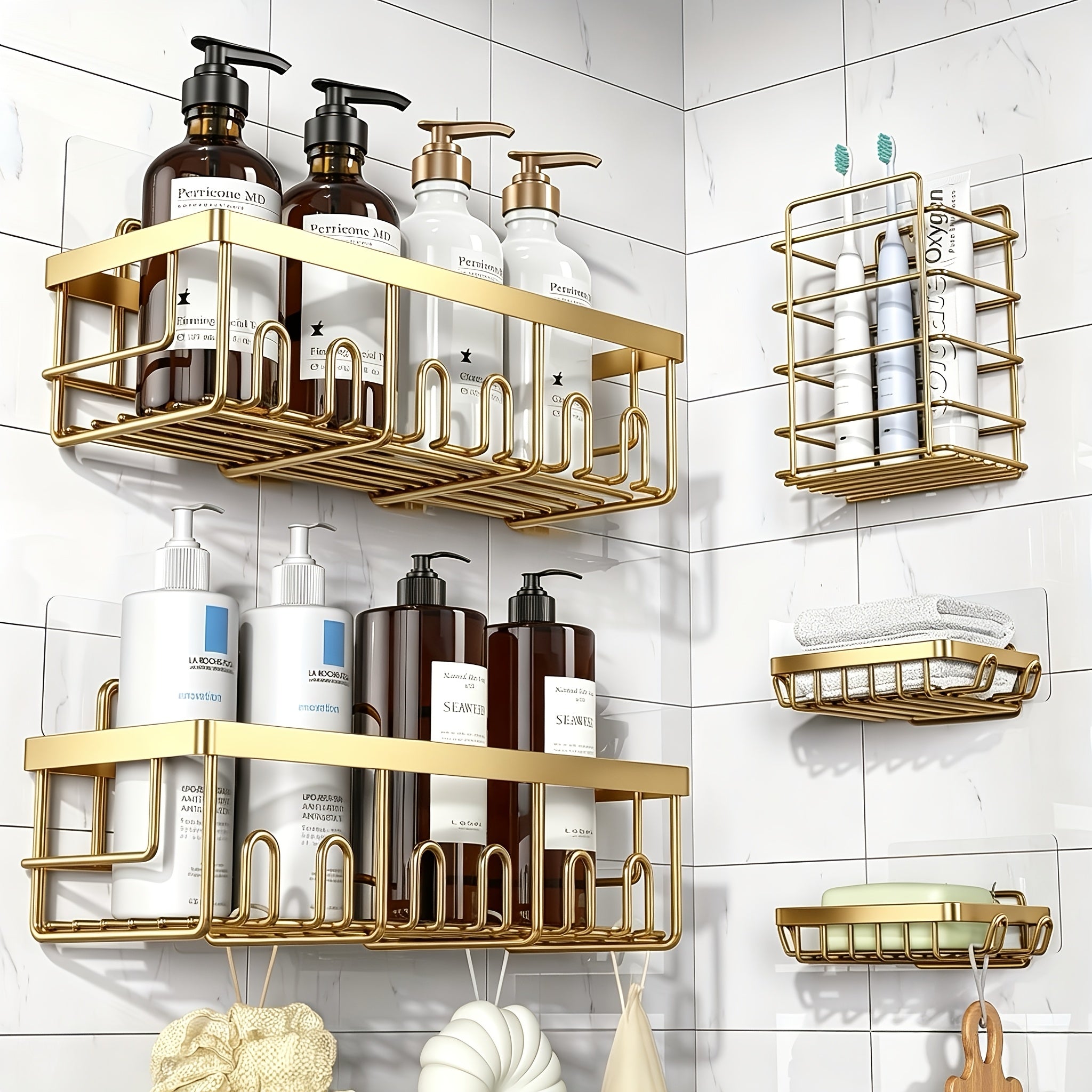 Bathroom Organizer – Shower Caddy Organizer, 5-Pack Adhesive Rustproof Stainless Steel Shower Shelves with Soap Holder, No Drilling Shower Storage Rack for Family Renters Bathroom, Random Co