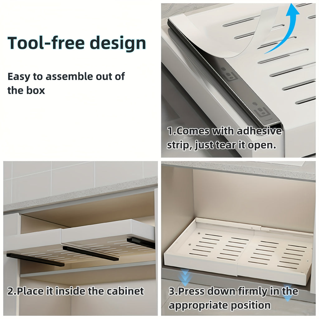 4-Pack Carbon Steel Expandable Pull Out Cabinet Organizer (12.6"-20.6"W), Rust-Resistant Silent Sliding Drawers with Adhesive Nano Film Or Nail Installation, 17" Deep Slide Out Drawers for Kitchen, Pantry
