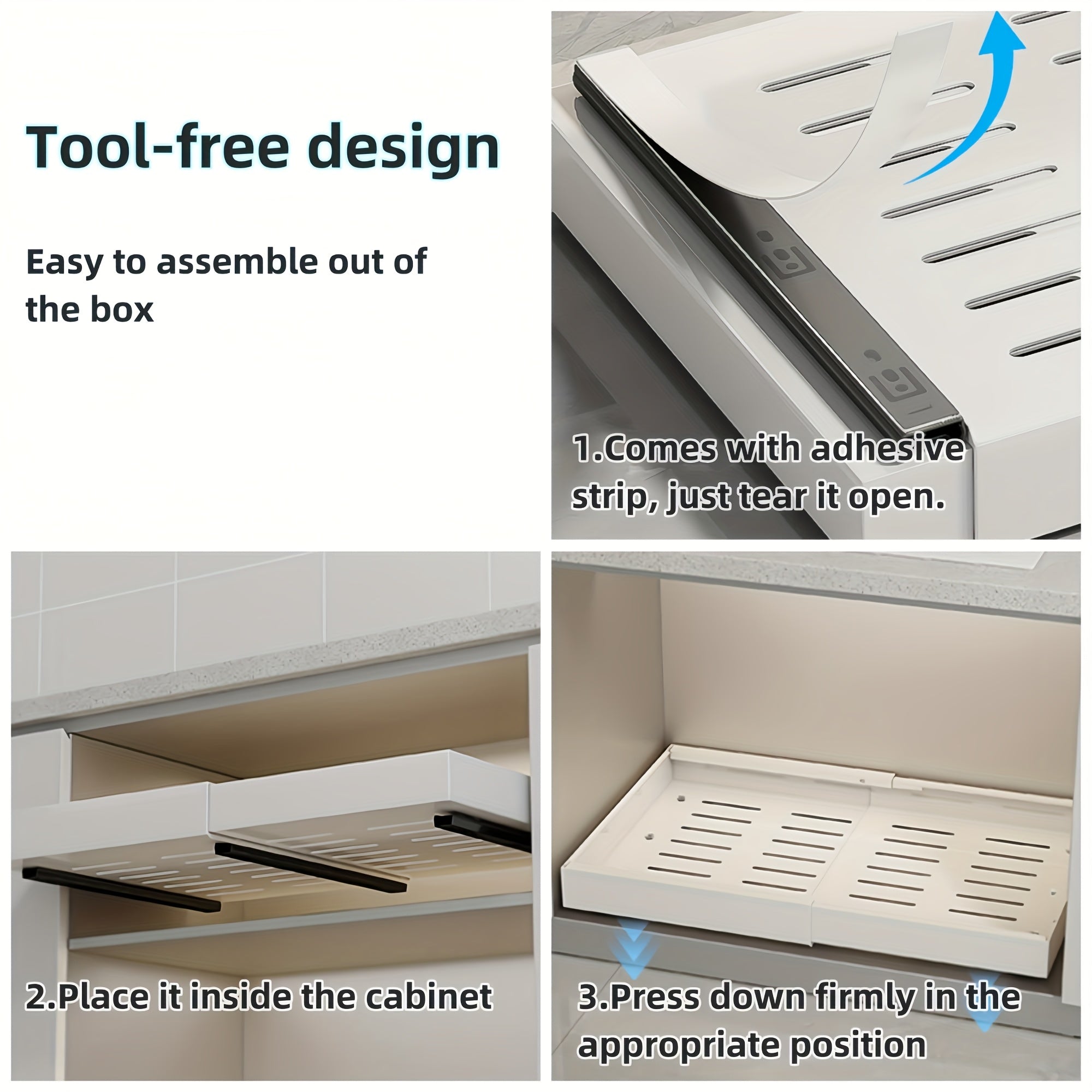 4-Pack Carbon Steel Expandable Pull Out Cabinet Organizer (12.6"-20.6"W), Rust-Resistant Silent Sliding Drawers with Adhesive Nano Film Or Nail Installation, 17" Deep Slide Out Drawers for Kitchen, Pantry