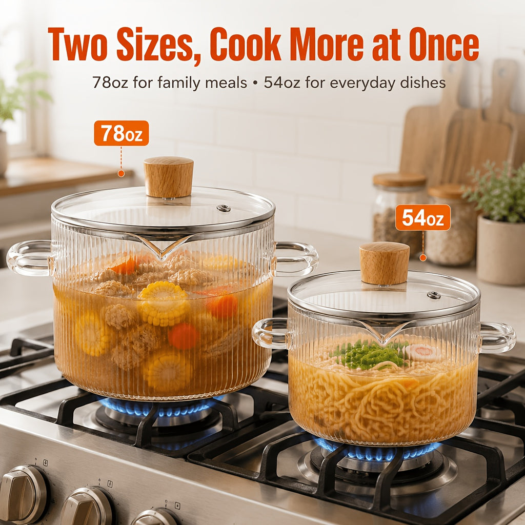 [2-Pack] Stovetop Safe Ribbed Glass Pots with Lids, 78Oz & 54Oz Saucepan for Soup Ramen Milk, Heat Resistant Borosilicate Cookware