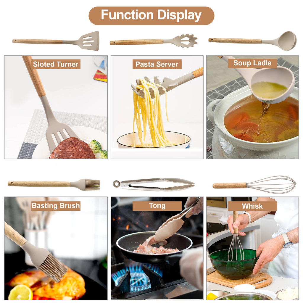 Kitchen Essential – 35 Piece Kitchen Utensils Set with Holder - Heat Resistant Wooden Handle - Silicone Non-Stick Cooking Spatula, Kitchen Essentials Tools and Gadgets for Modern US Homes, e