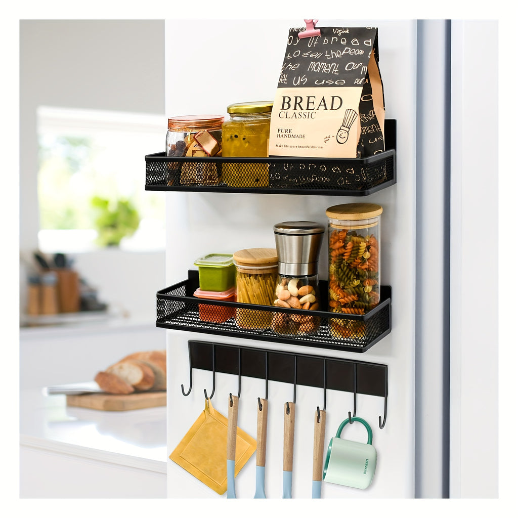 Premium 3 Pack Adjustable Home Storage Rack – durable multi-purpose storage, Magnetic Spice Rack for Refrigerator 3 Pack Magnetic Shelf Moveable Fridge Organizer with 8-Hook, designed for American homes, daily convenience and practical gifting
