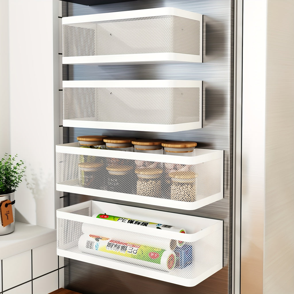 1 Set Refrigerator Magnetic Shelf Metal Spice Rack Basket Seasoning Oils Kitchen Gadgets, Large Capacity, Strong Magnetic Adhesion, Floating Shelves