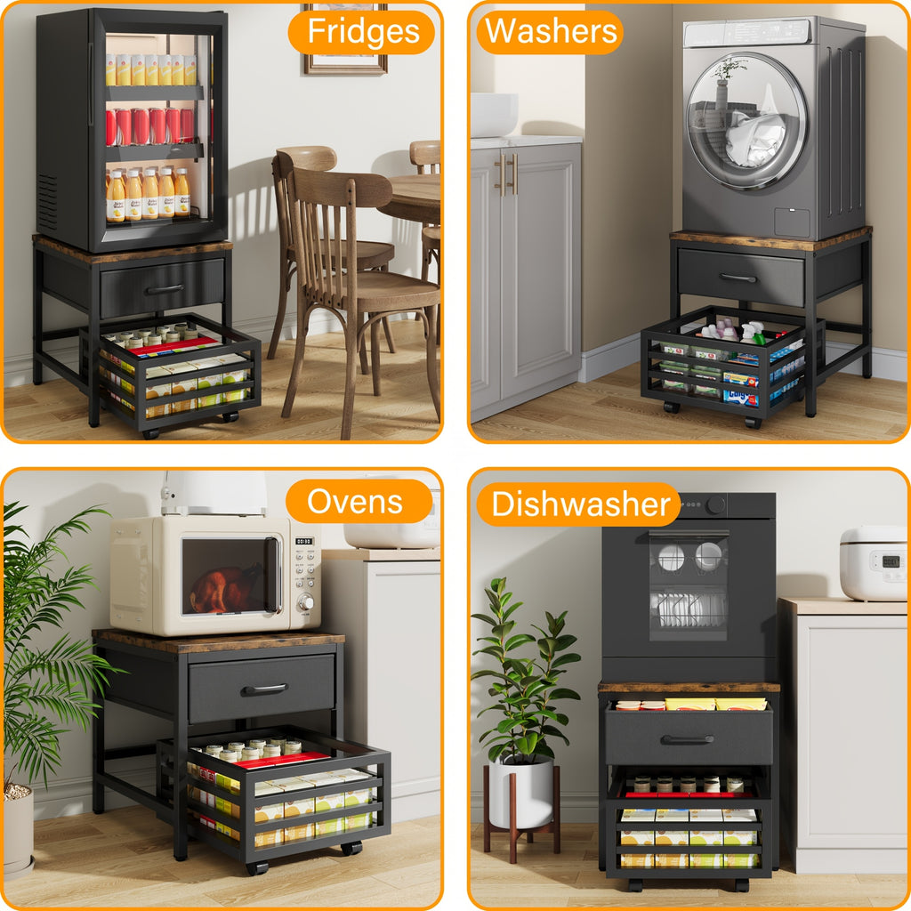 Heavy Duty Appliance Storage Shelf with Sliding Shelf & Drawer - Suitable for Fridge, Washer, Dishwasher | 19.69inch Height Shelf with 88lb Basket & Smooth Glide Drawers | 360° Swivel Wheels, Wood for Laundry Room & Kitchen, Utility Racks