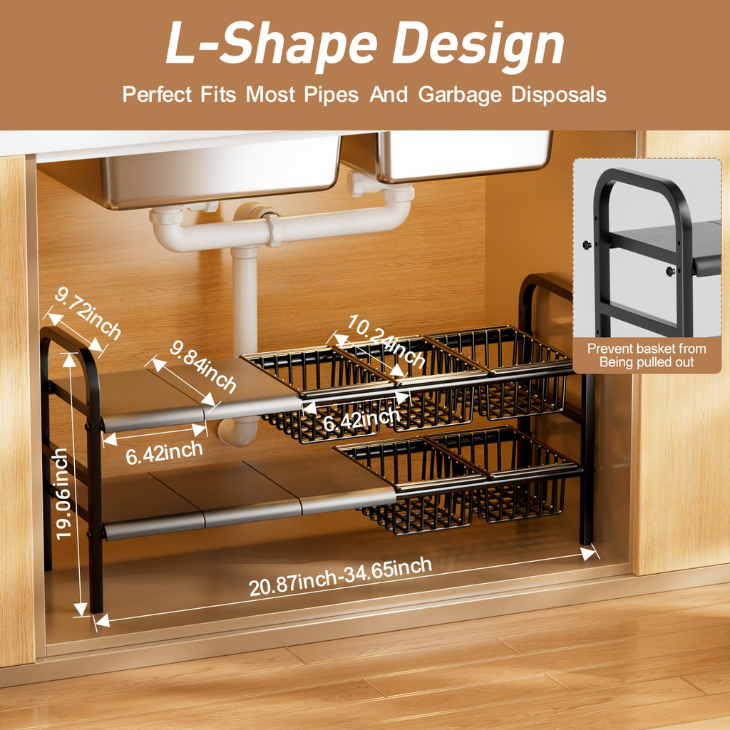 Kitchen Essential – 1 Expandable Under Sink Organizer & Locker 2 Tier Cabinet Shelf Organizer with 5 Removable Panels 5 Baskets for Under Kitchen Bathroom Sink Organizer & Storage.Thanksgivi