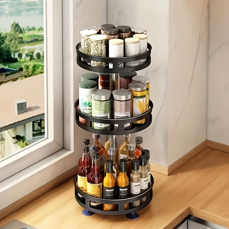 3-story Rotatable Kitchen Seasoning Rack, 360-degree Rotating Metal Turntable, Adjustable Shelves, Rotatable Spice And Seasoning Storage Rack, Kitchen Spice Jar Organizer, Kitchen Accessories