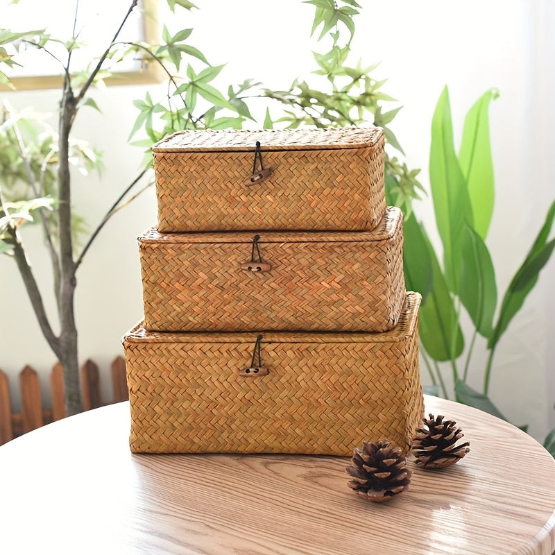 Easy-Access 3pcs Adjustable Home Storage Rack – durable multi-purpose storage, 3pcs Handwoven Rattan Storage Basket Set with Lattice Lid Label-Friendly - Natural Woven Wicker, designed for American homes, daily convenience and practical gifting