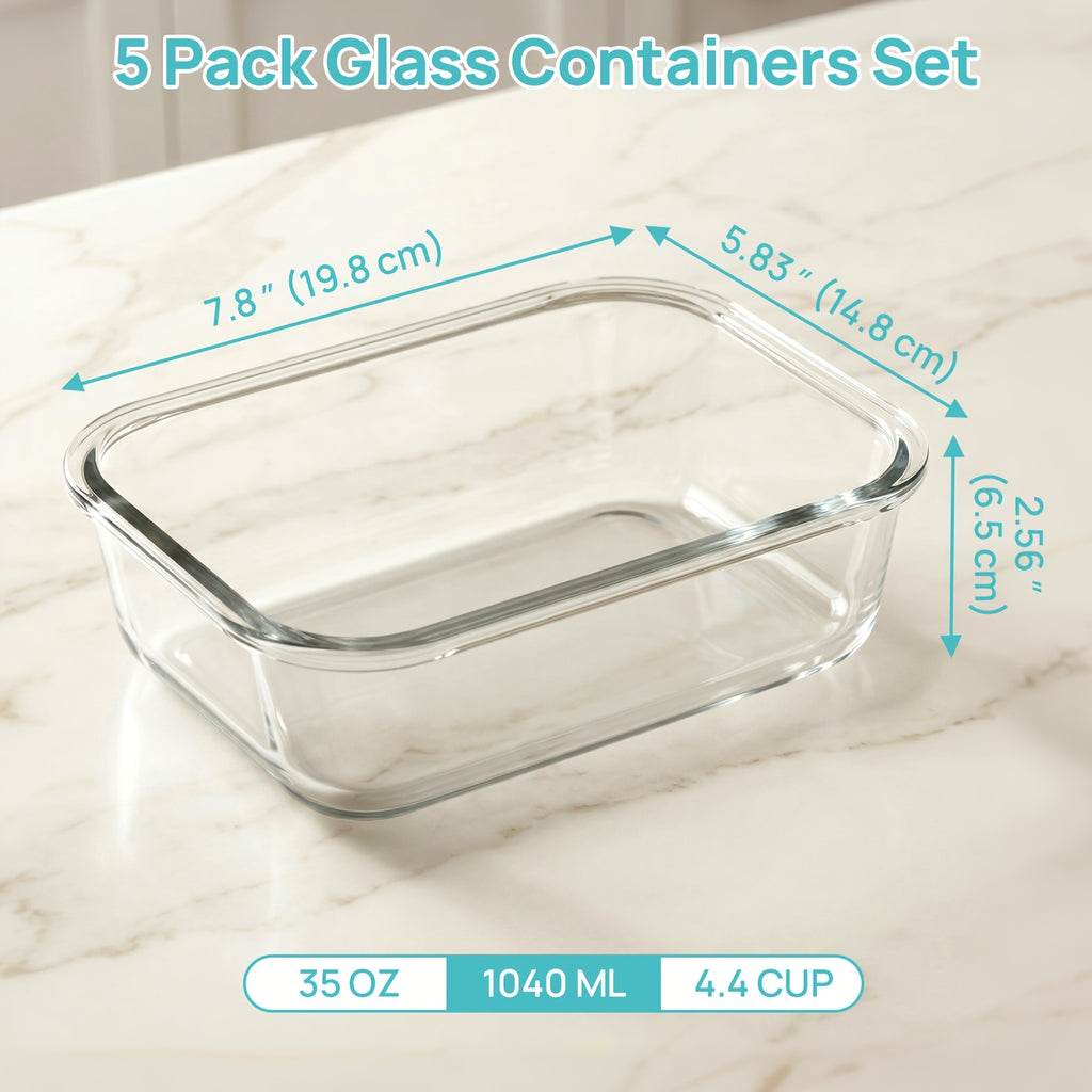 5 Pack 35oz Glass Food Storage Containers With Lids, Fresh Container, Airtight Reusable Meal Prep Lunch Container Set, Safe For Oven, Microwave, Freezer, And Dishwasher