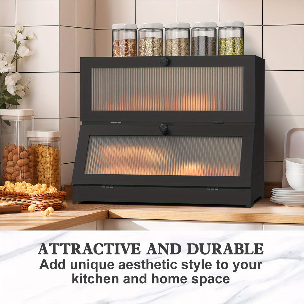 Double Layer Bamboo Bread Box for Kitchen Counter-Large Capacity Bread Storage Container Farmhouse Bread Box with Window Bread Holder