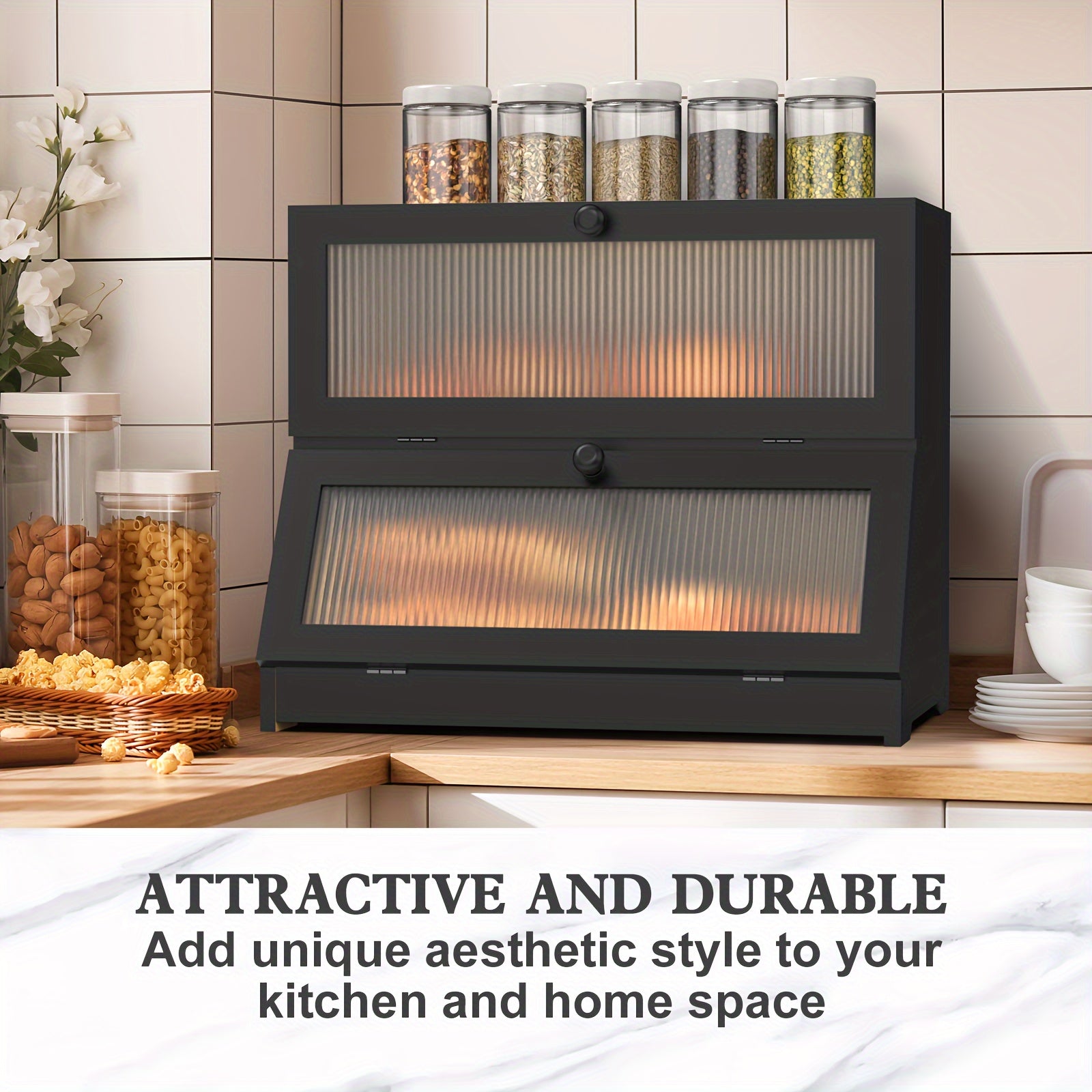 Double Layer Bamboo Bread Box for Kitchen Counter-Large Capacity Bread Storage Container Farmhouse Bread Box with Window Bread Holder