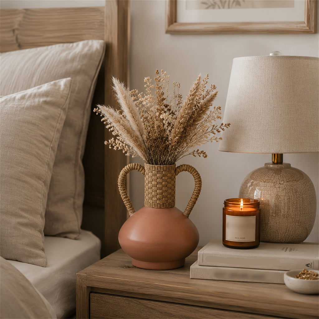 Terracotta Vase with Woven Handles, Rustic Decorative Flower Vase, Boho Farmhouse Home Decor for Living Room Shelf Tabletop Centerpiece