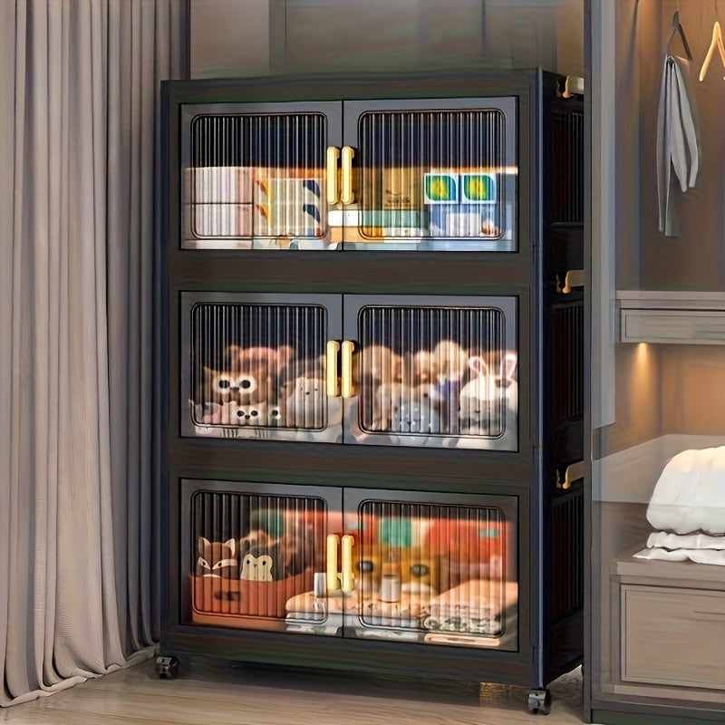 6-Tier (50.6 In) Large-Capacity Black Storage Box, 3/4/5/6-Tier Foldable Storage Boxes, Stackable Storage Cabinet with Translucent Magnetic Doors And Silent Wheels, Stable And Durable, Suitable for Bedroom, Living Room And Other Multi-Scene Storage