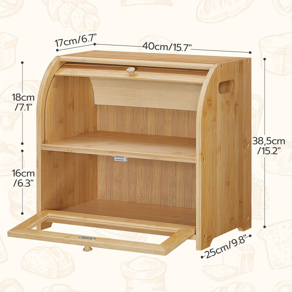 Natural, Bread Box, Natural Bamboo Bread Box for Kitchen Countertop, 2 Tier Roll-Top Bread Bin, Food Storage Box, Storage Cabinet, for Kitchen, Dining Room