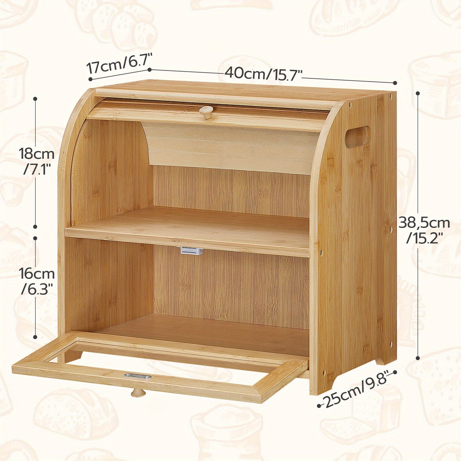 Natural, Bread Box, Natural Bamboo Bread Box for Kitchen Countertop, 2 Tier Roll-Top Bread Bin, Food Storage Box, Storage Cabinet, for Kitchen, Dining Room