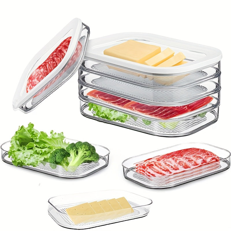 Kitchen Essential – 4-Tier Set of Stackable Refrigerated Containers for Meat with a Lid- Refrigerator Organizer Box, Meat Preservation Container, Ideal for Storing Vegetables, Fruits, And En