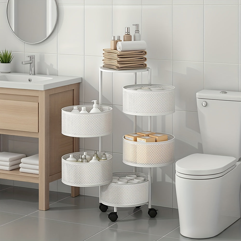 Rotatable Multi-Layer Circular Storage Rack, Mobile Storage Cart, Round Floor-Standing Multi-Layer Rotatable Vegetable Basket Storage Rack, Practical Storage Rack, Storage Items File Rack, Perfect for Kitchen, Office, Bathroom, Living Room, Bedroom