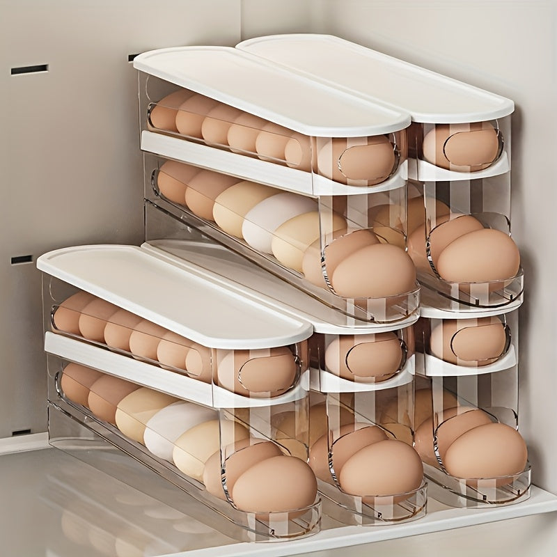 Automatic Rolling Sliding Egg Rack, Space-Saving Design with Easy Access Sliding Tiers And Transparent Compartment, for Kitchen And Refrigerator Storage, Durable No Batteries Required