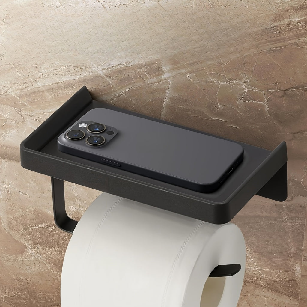 A Black Metal Toilet Paper Holder That Is Easy to Install Without Nails, Also Serves As a Multifunctional Storage Rack for Kitchens And Bathrooms, Ideal for Organizing Spices And Other Items